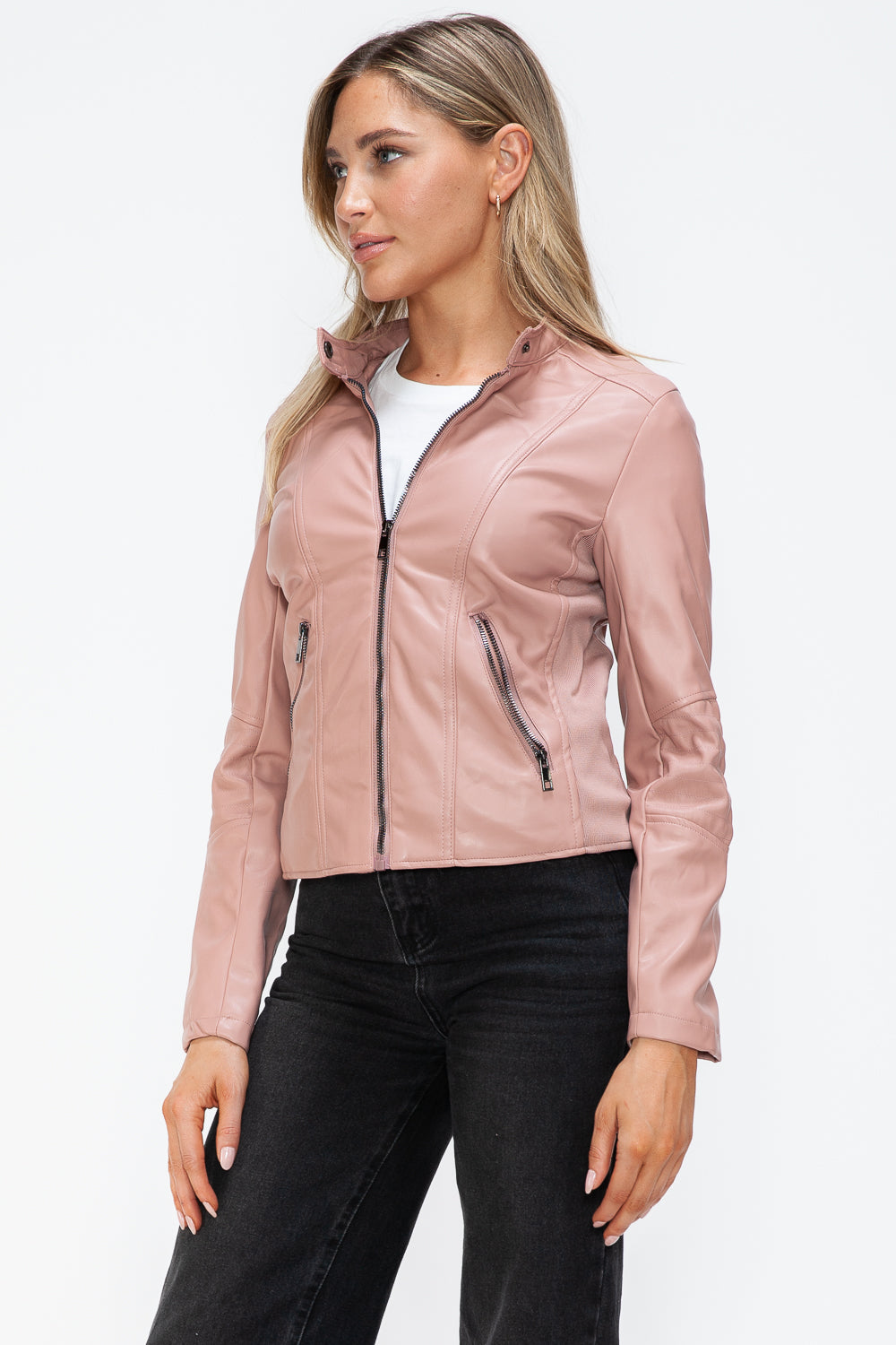 Snobbish Faux Leather Zip Up Drawstring Hooded Jacket-Angel Casuals