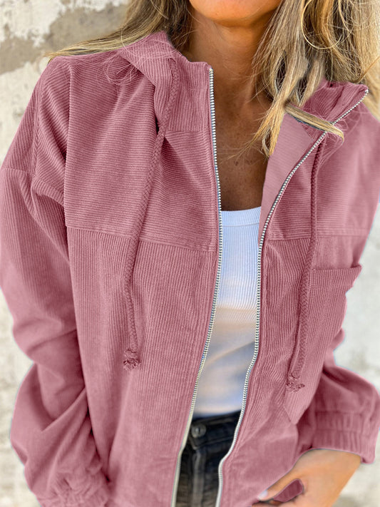 Drawstring Zip Up Long Sleeve Hooded Jacket-Angel Casuals