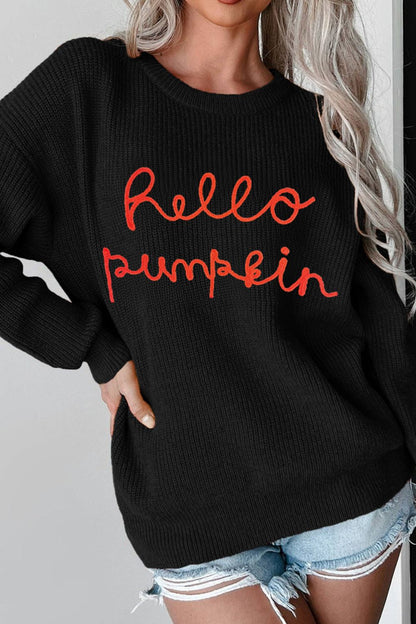 HELLO PUMPKIN Round Neck Long Sleeve Sweater-Angel Casuals