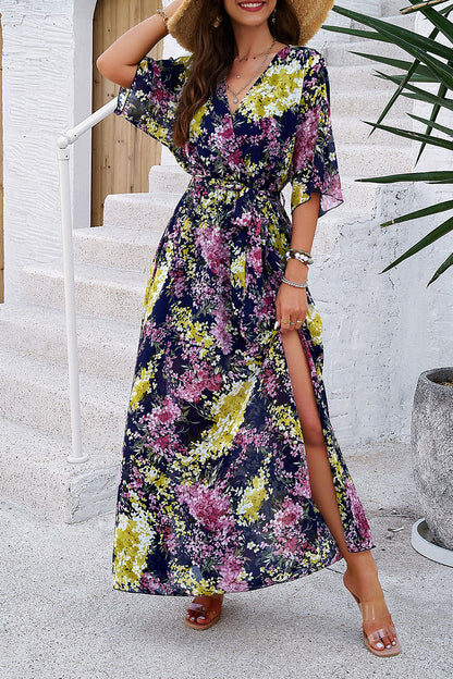 Printed Tied Half Sleeve Slit Dress-Angel Casuals