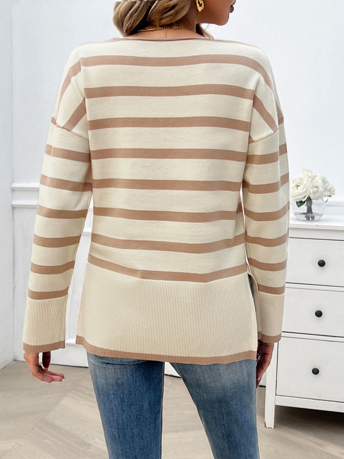 Devine Striped V-Neck Long Sleeve Knit Top-Angel Casuals