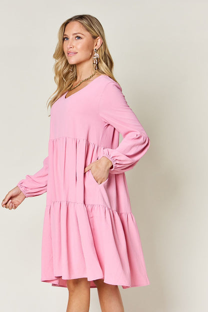 Double Take Full Size V-Neck Balloon Sleeve Tiered Dress-Angel Casuals