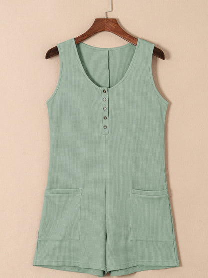 Waffle-Knit Half Button Sleeveless Romper with Pockets-Angel Casuals