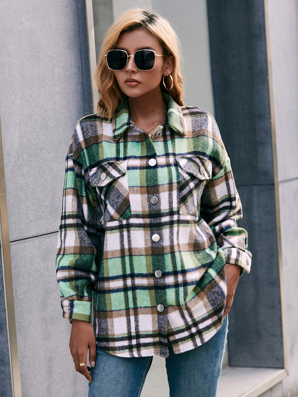 Meet You Outside Plaid Button Down Curved Hem Shacket-Angel Casuals