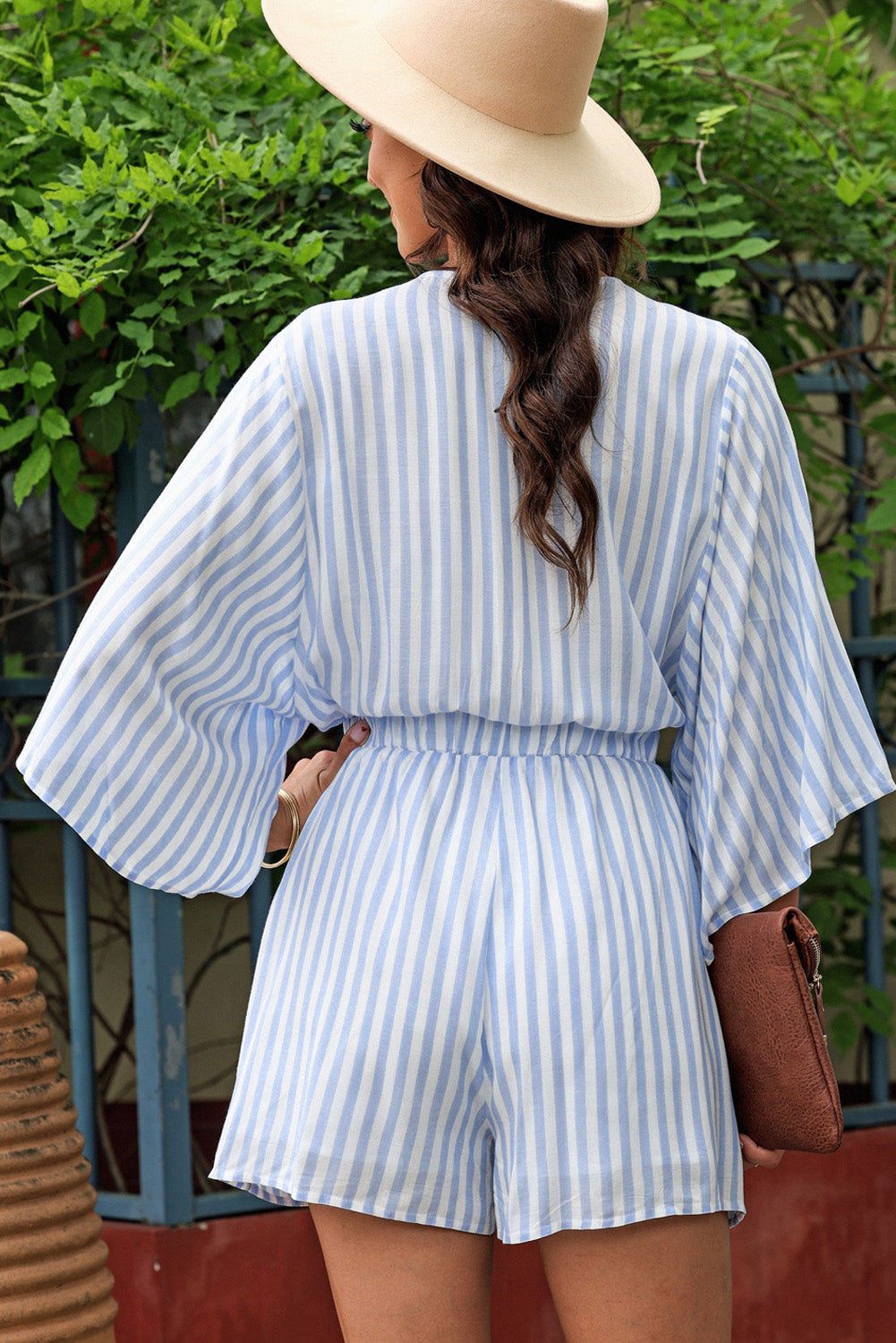 Tied Striped Three-Quarter Sleeve Romper-Angel Casuals