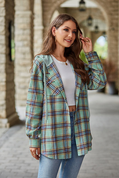 Mandy Plaid Long Sleeve Hooded Jacket-Angel Casuals