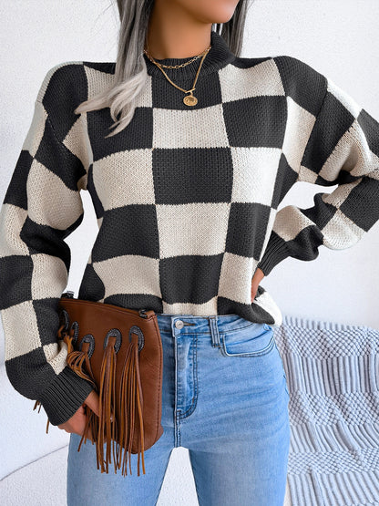 Checkered Mock Neck Long Sleeve Sweater-Angel Casuals