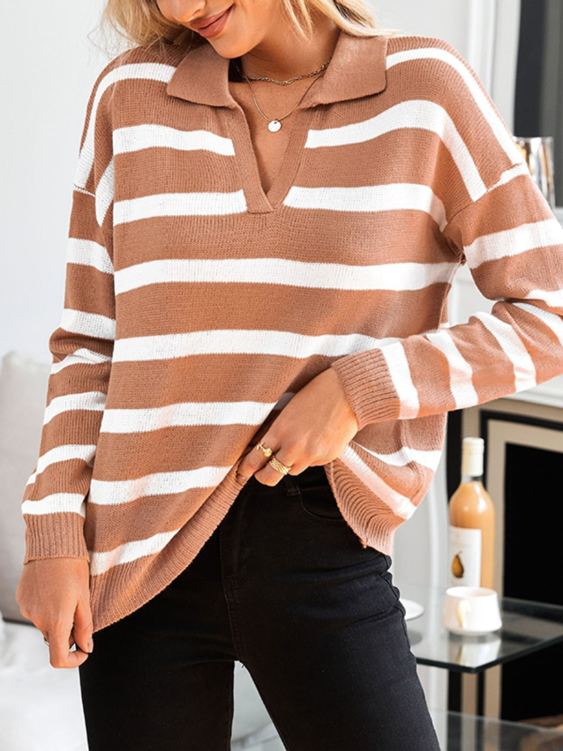 Striped Johnny Collar Long Sleeve Sweater-Angel Casuals