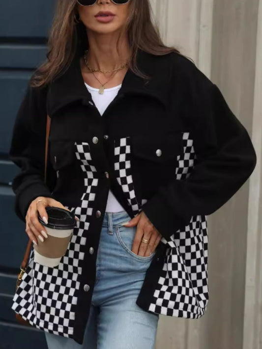 Checkered Snap Down Long Sleeve Jacket-Angel Casuals