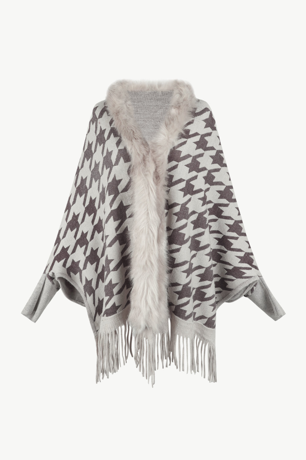 Houndstooth Fringe Hem Poncho-Angel Casuals