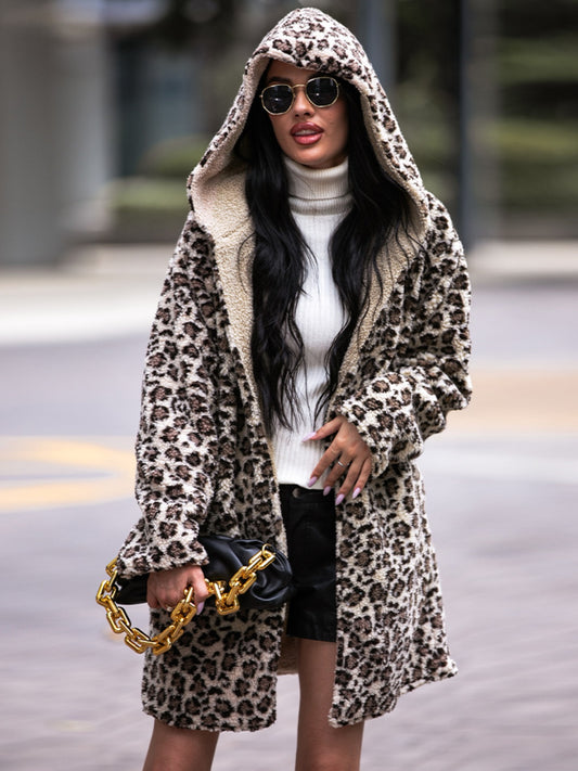 Shiny Leopard Print Hooded Teddy Coat-Angel Casuals