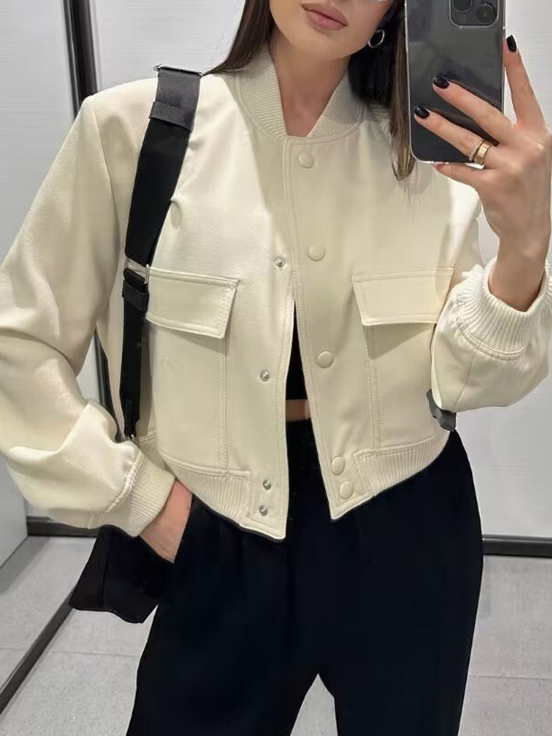 Pocketed Snap Down Baseball Collar Jacket-Angel Casuals