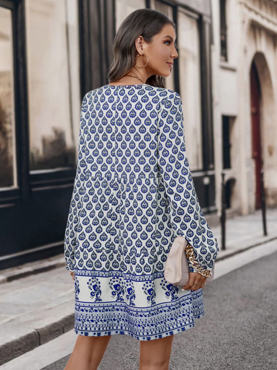 Printed Tie Neck Long Sleeve Dress-Angel Casuals