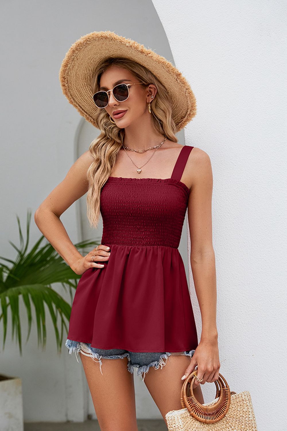 Smocked Square Neck Babydoll Tank-Angel Casuals