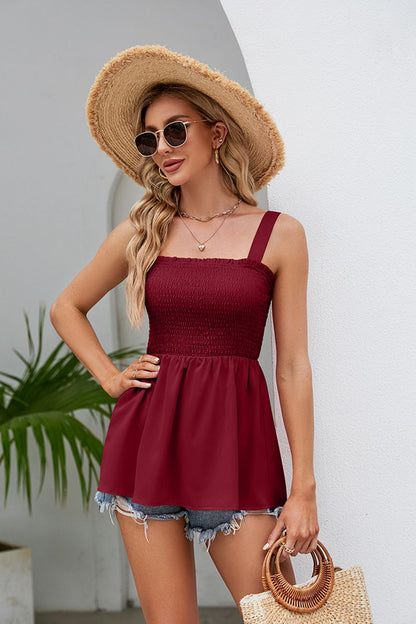 Smocked Square Neck Babydoll Tank-Angel Casuals