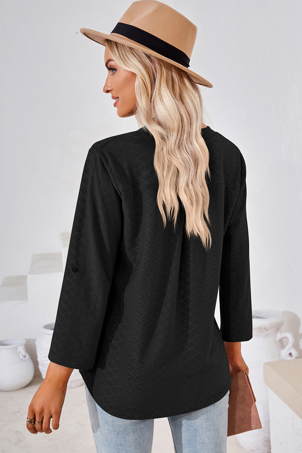 Notched Roll-Tab Sleeve T-Shirt-Angel Casuals