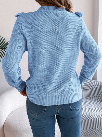 Ruffled Round Neck Long Sleeve Sweater-Angel Casuals