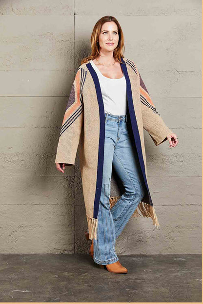 Geometric Fringe Hem Open Front Duster Cardigan-Angel Casuals