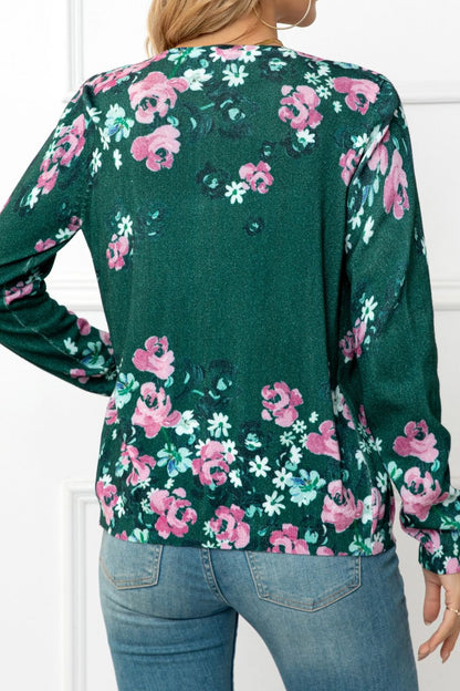 Woven Right Floral Button Front Round Neck Cardigan-Angel Casuals