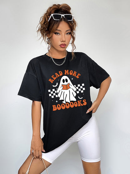 Round Neck Short Sleeve Ghost Graphic T-Shirt-Angel Casuals