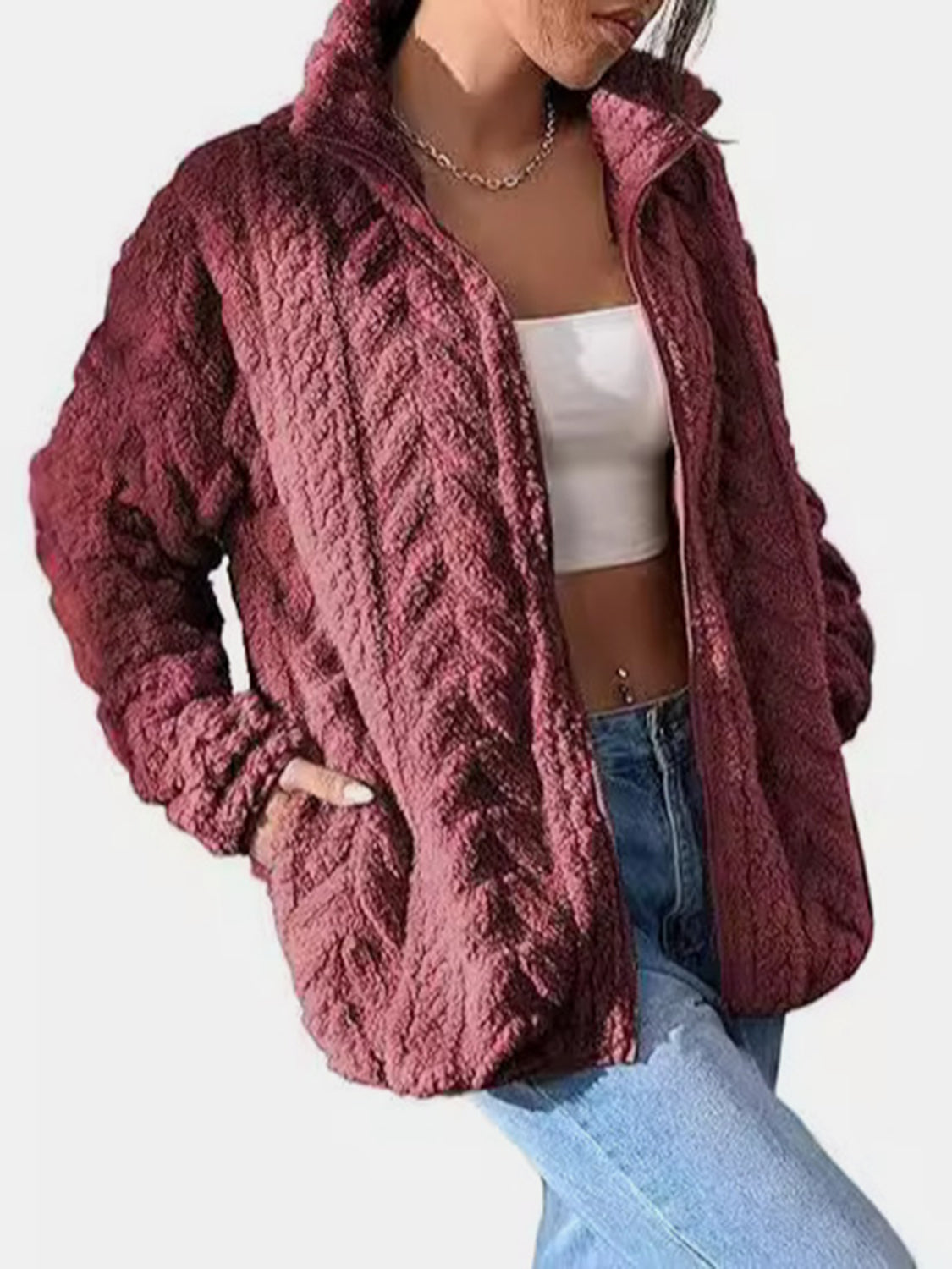 Fuzzy Zip Up Long Sleeve Jacket-Angel Casuals