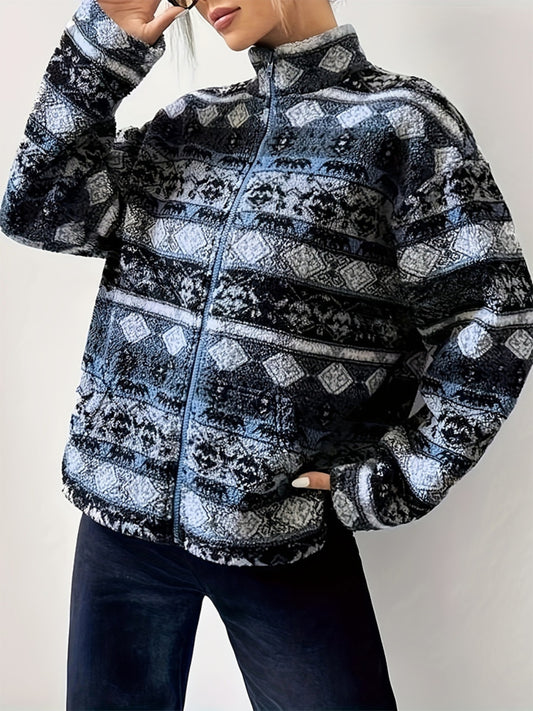 Geometric Turtleneck Zip Up Jacket-Angel Casuals