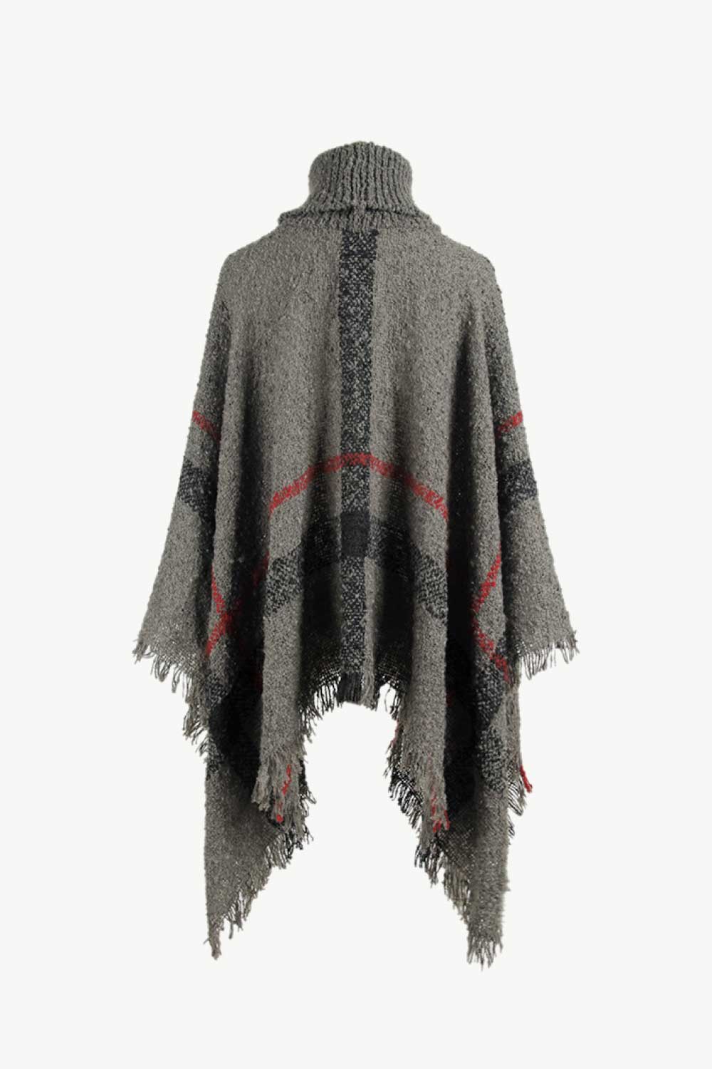 Plaid Turtleneck Raw Hem Poncho-Angel Casuals