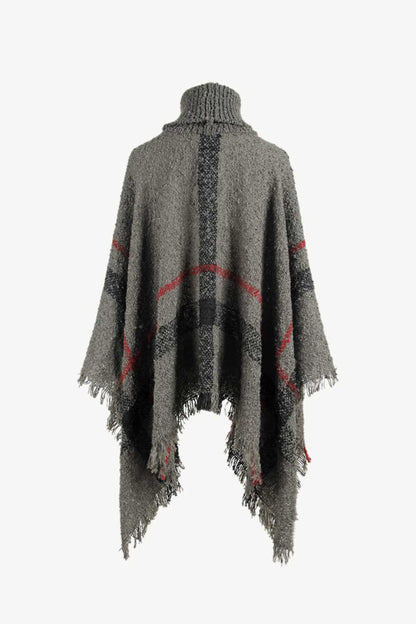 Plaid Turtleneck Raw Hem Poncho-Angel Casuals