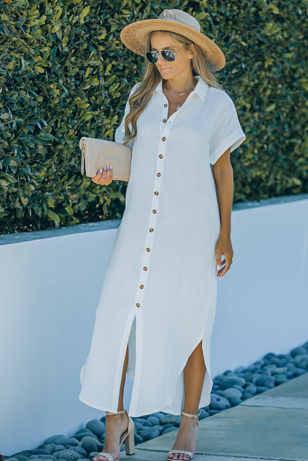 Textured Button Down Slit Shirt Dress-Angel Casuals