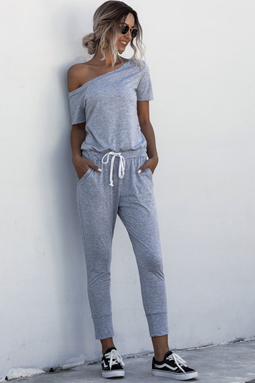 Asymmetrical Neck Tied Jumpsuit with Pockets-Angel Casuals