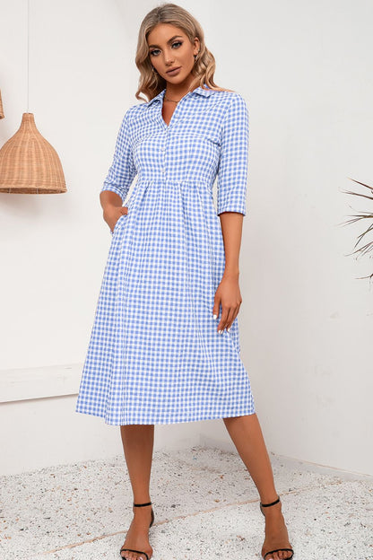 Plaid Collared Neck Midi Dress-Angel Casuals