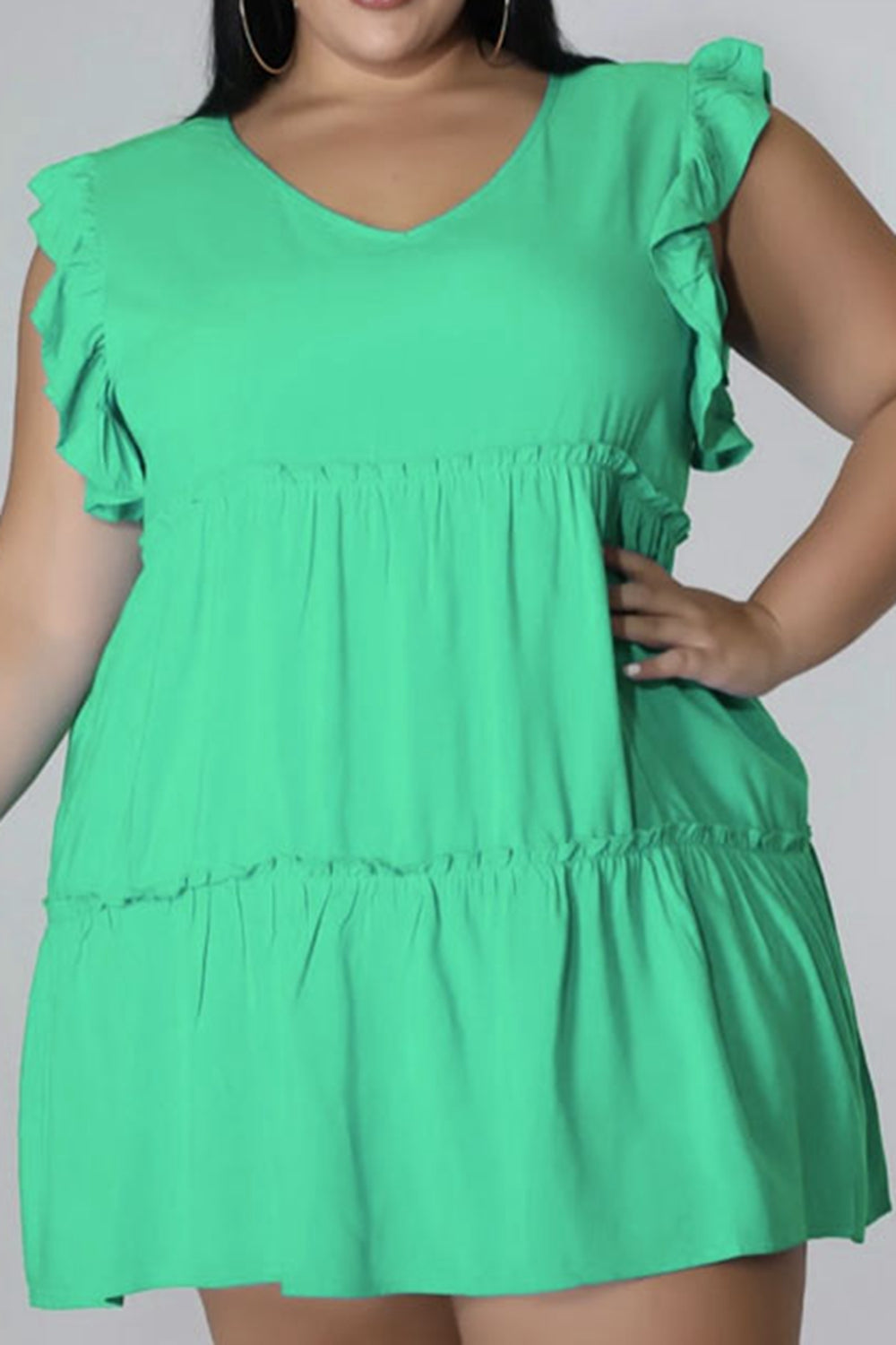 Plus Size V-Neck Frill Trim Mini Dress-Angel Casuals