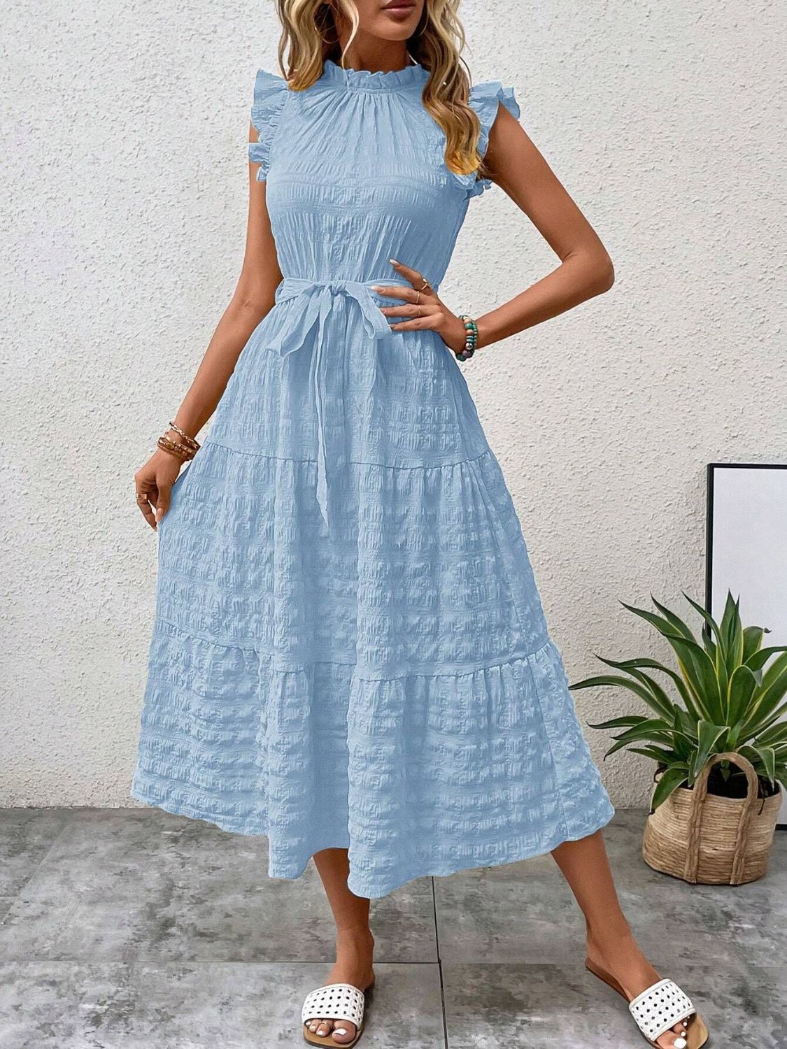 Tied Ruffled Cap Sleeve Midi Dress-Angel Casuals