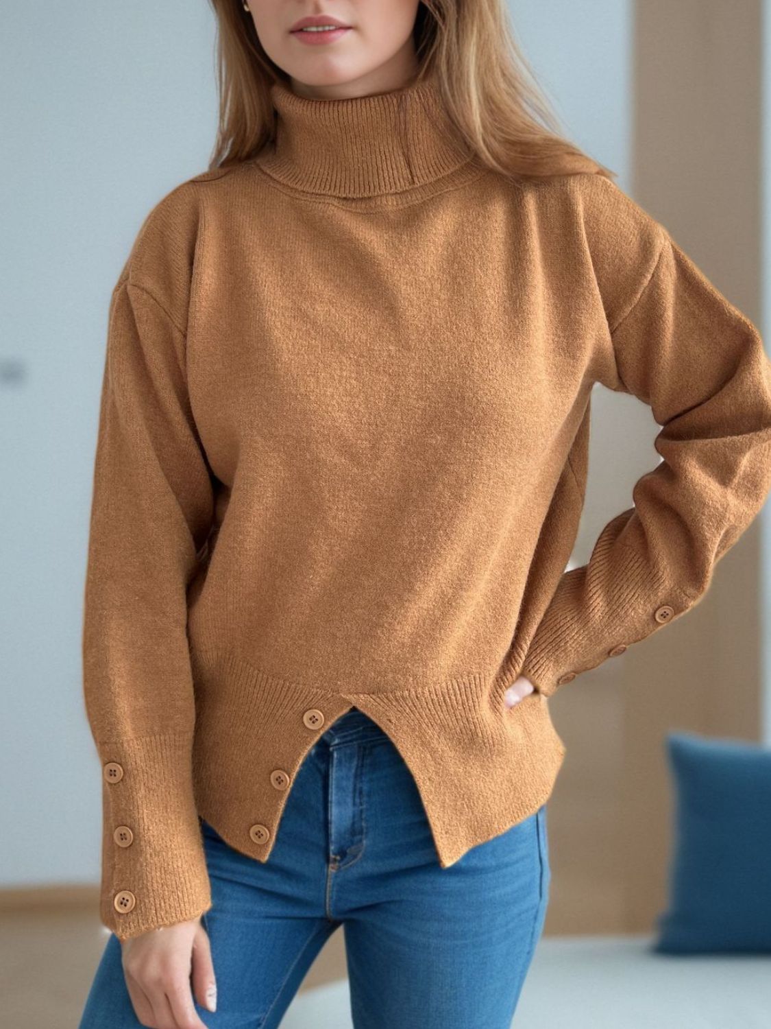 Front Slit Decorative Button Turtleneck Sweater-Angel Casuals