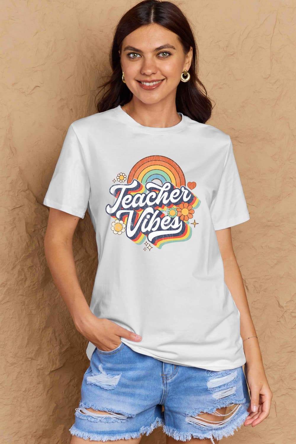 Simply Love Full Size TEACHER VIBES Graphic Cotton T-Shirt-Angel Casuals