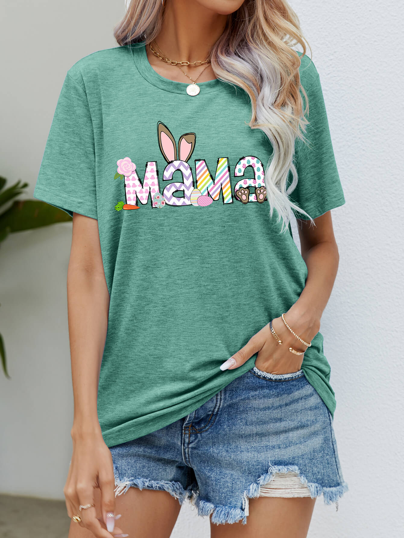 Easter MAMA Graphic Round Neck T-Shirt-Angel Casuals