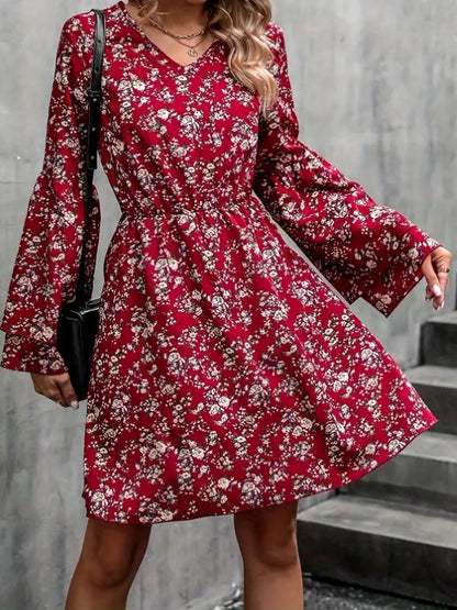 Printed V-Neck Long Sleeve Mini Dress-Angel Casuals