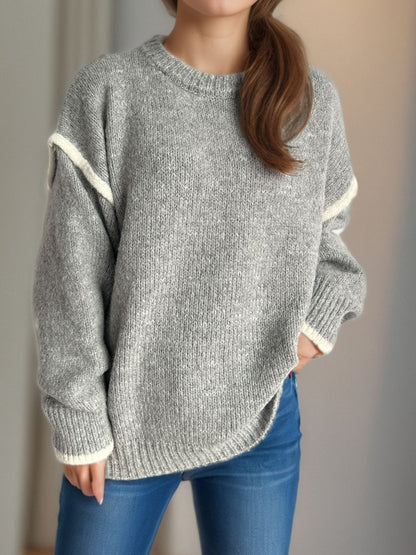 Contrast Trim Round Neck Dropped Shoulder Sweater-Angel Casuals