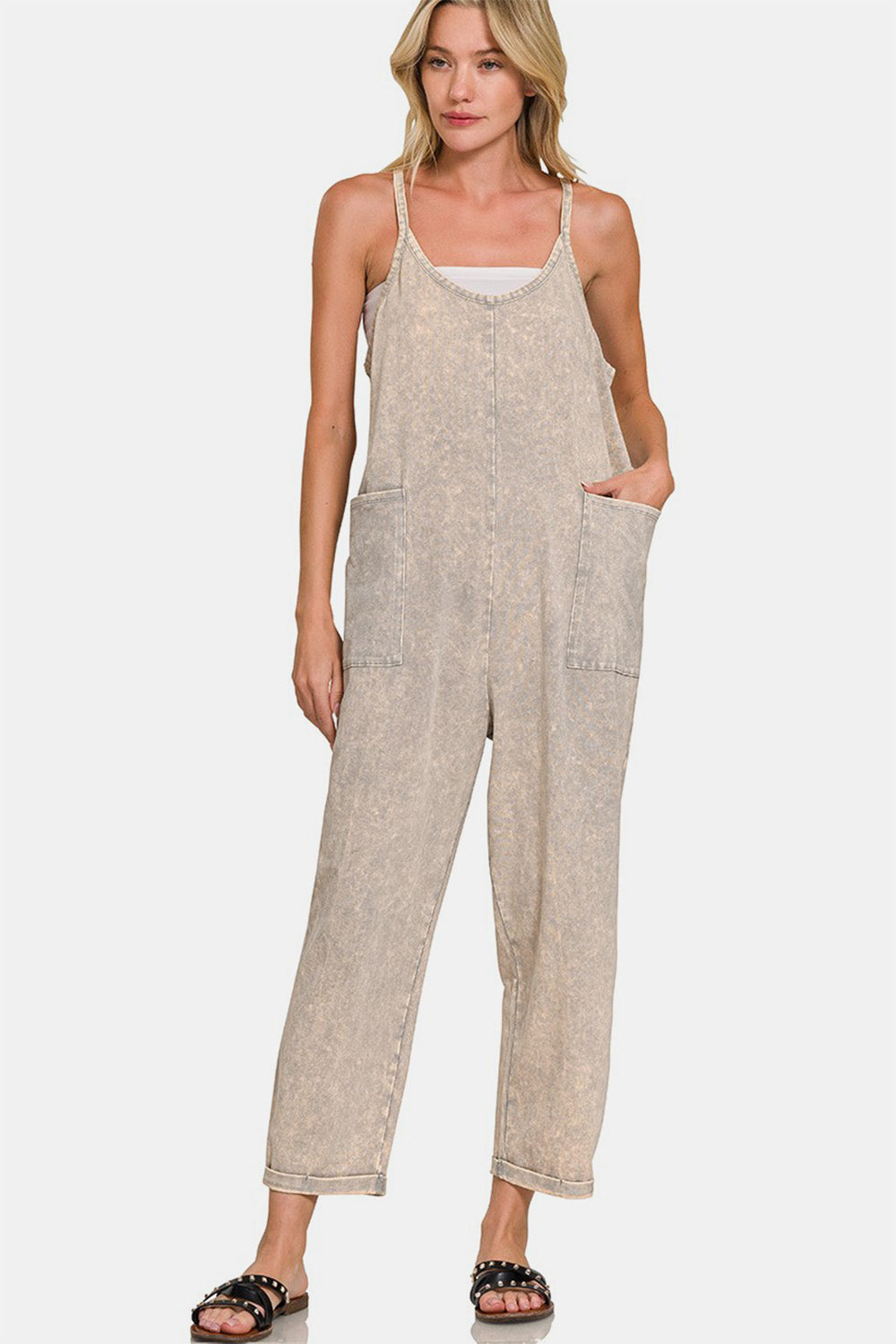 Zenana Washed Spaghetti Straps Overalls with Pockets-Angel Casuals