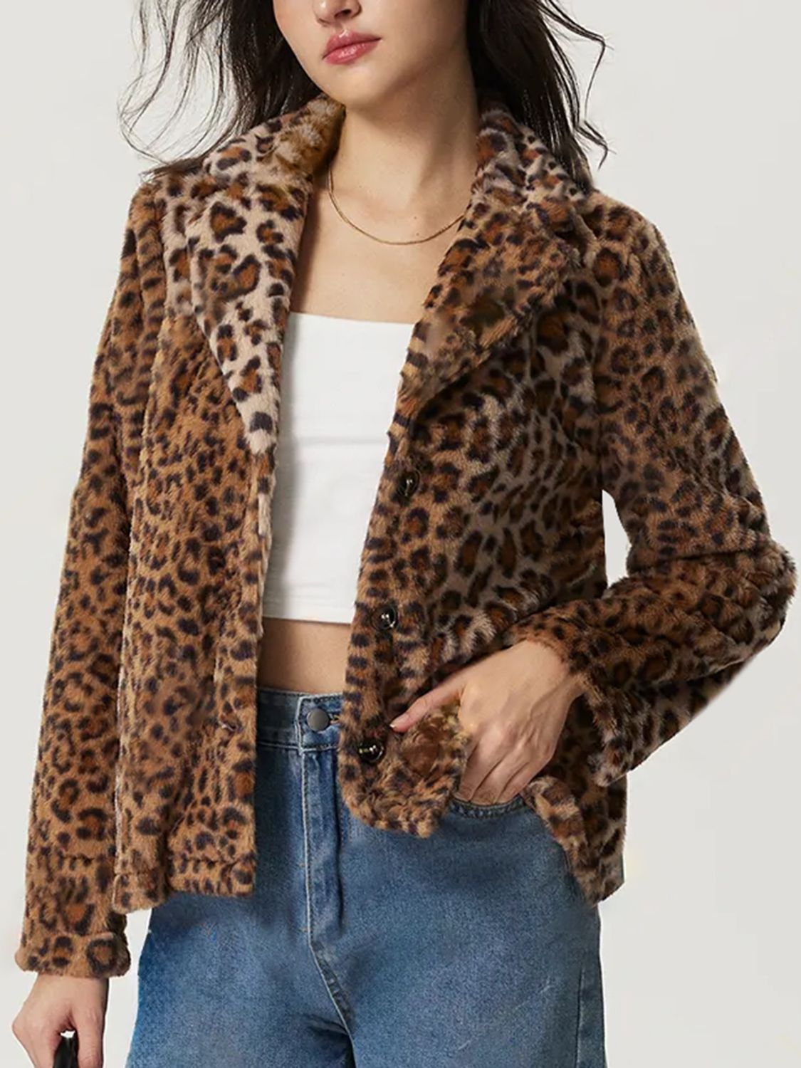 Fuzzy Leopard Collared Neck Jacket-Angel Casuals