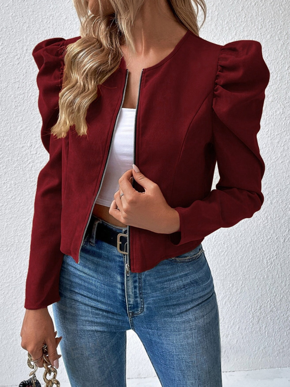 Zip Up Puff Sleeve Jacket-Angel Casuals