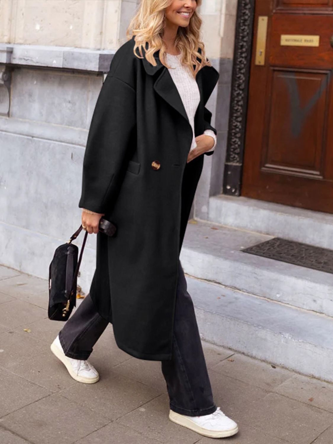 Pocketed Collared Neck Long Sleeve Coat-Angel Casuals