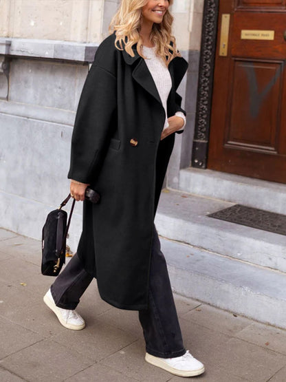 Pocketed Collared Neck Long Sleeve Coat-Angel Casuals