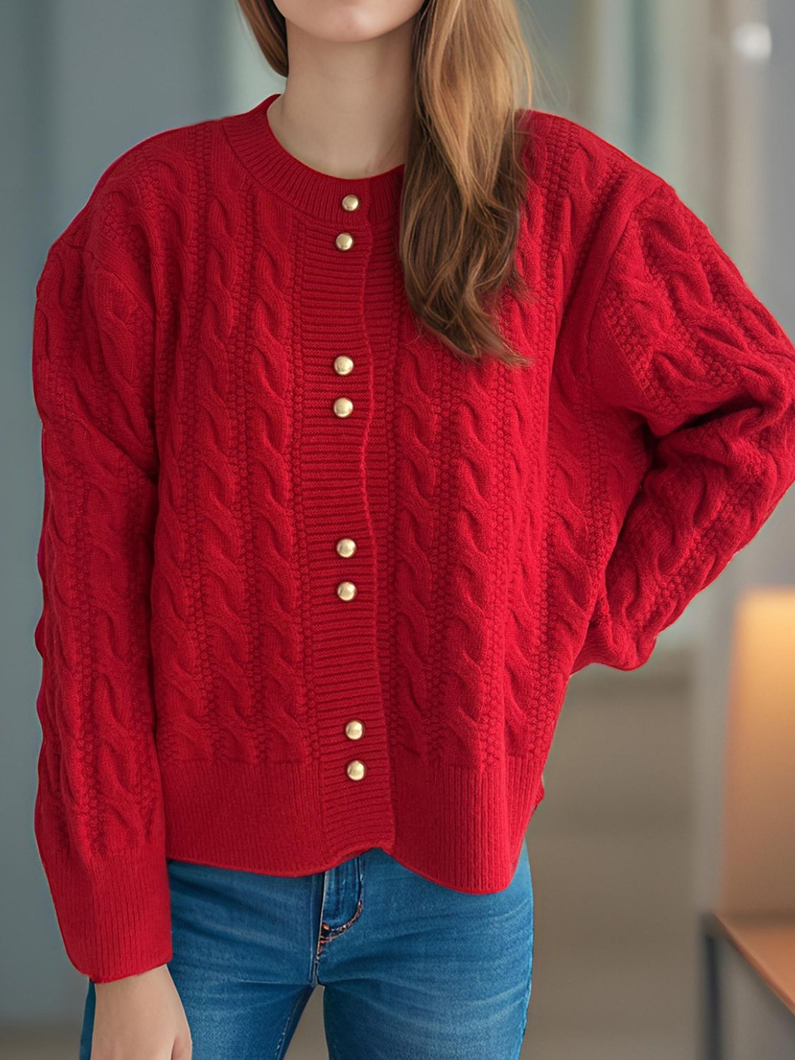 Cable-Knit Round Neck Long Sleeve Cardigan-Angel Casuals