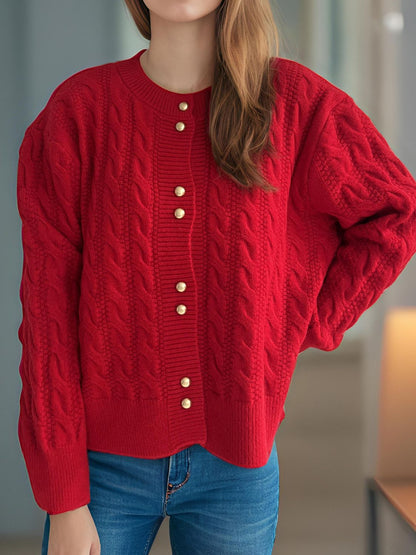 Cable-Knit Round Neck Long Sleeve Cardigan-Angel Casuals