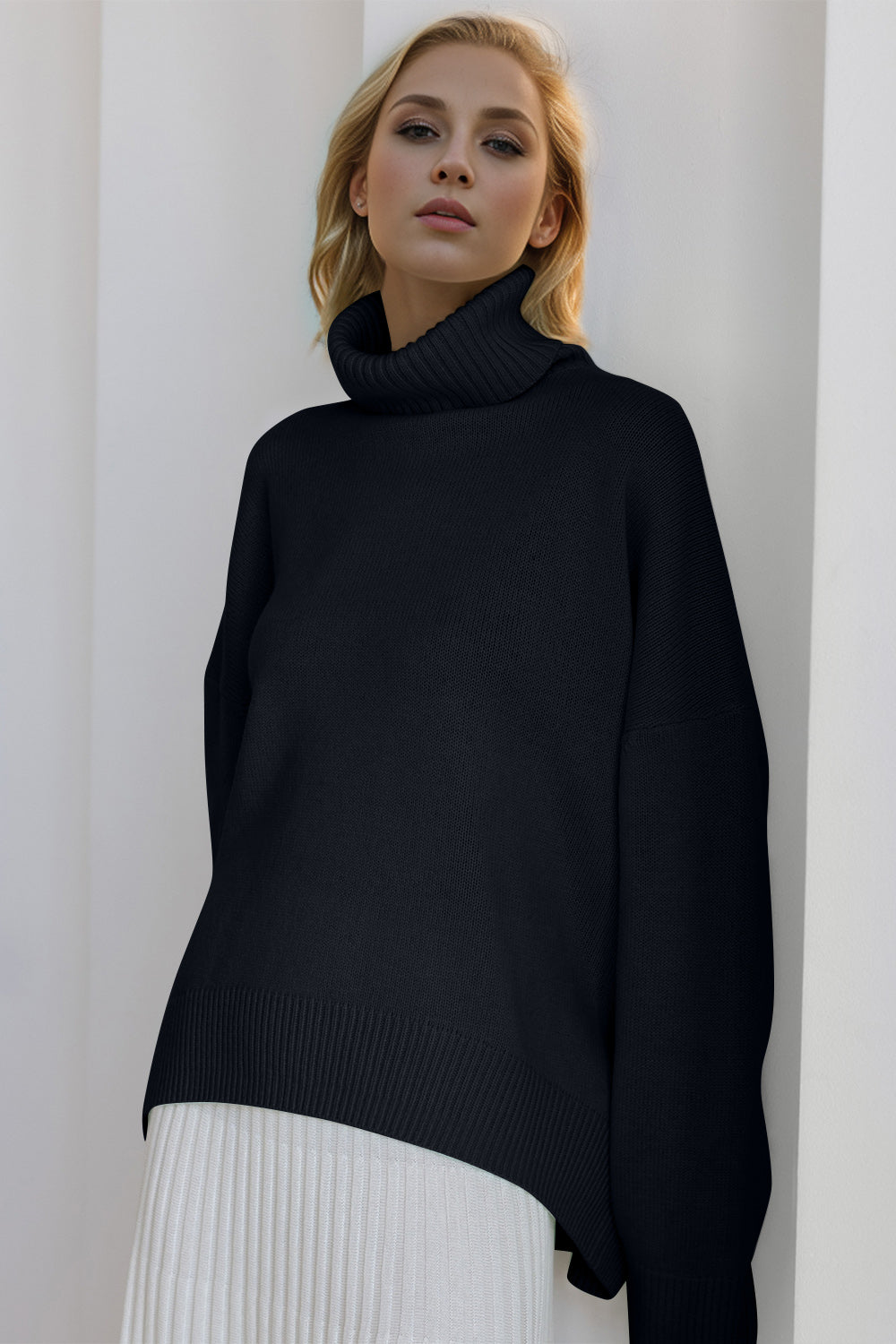 Basic Bae Turtleneck Dropped Shoulder Long Sleeve Sweater-Angel Casuals