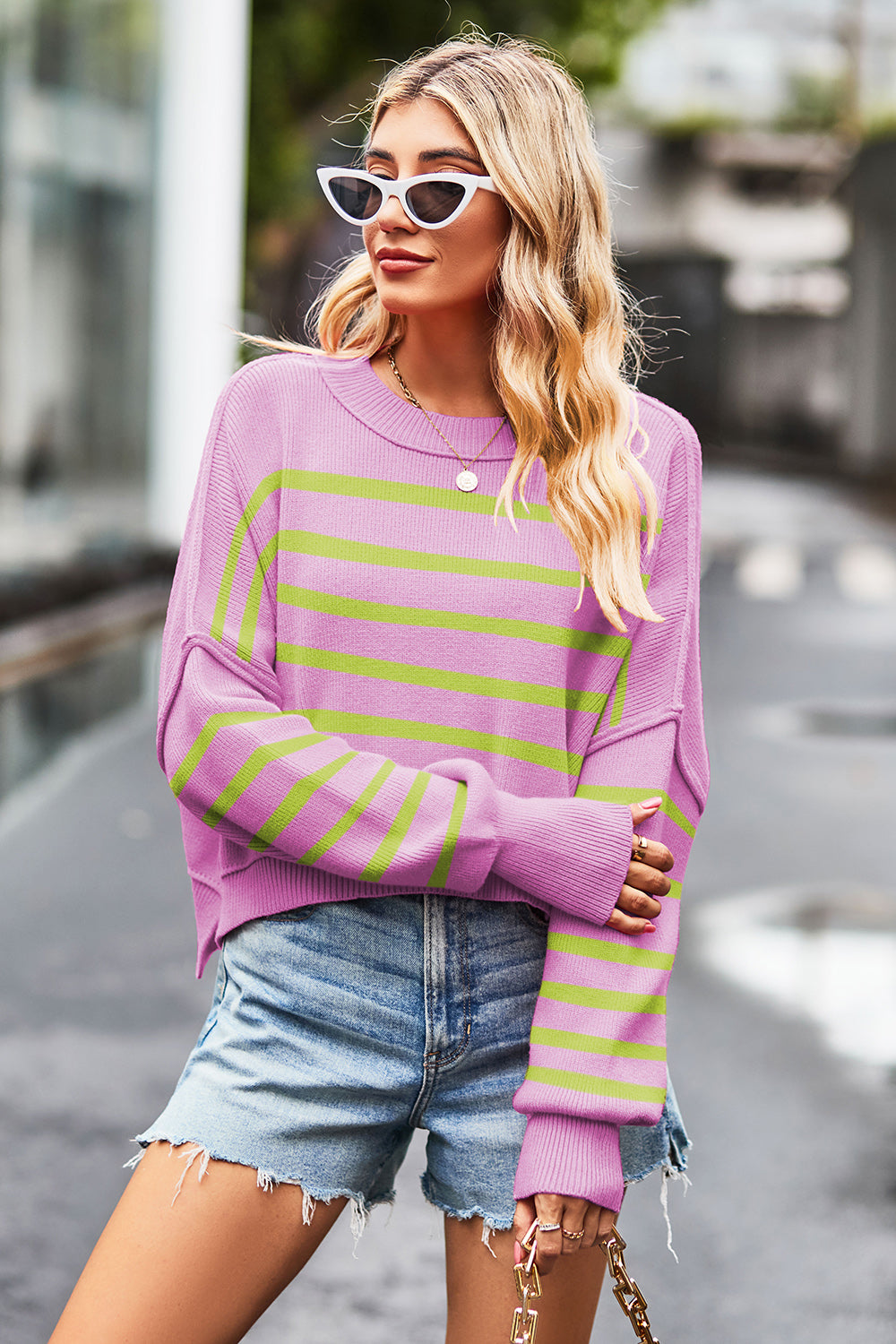 Striped Round Neck Drop Shoulder Slit Sweater-Angel Casuals