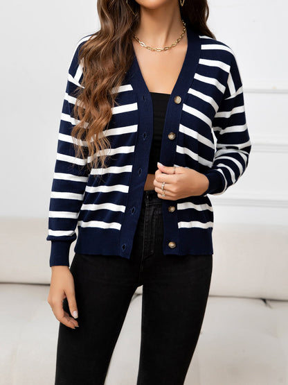 Striped Dropped Shoulder V-Neck Knit Top-Angel Casuals