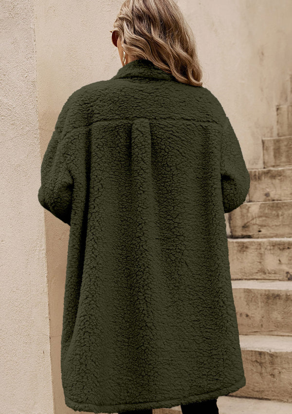 Collared Neck Long Sleeve Longline Teddy Jacket-Angel Casuals