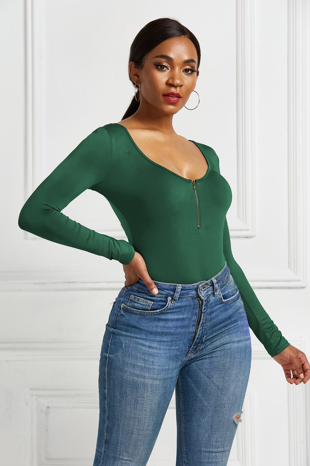 Half Zip Scoop Neck Long Sleeve Bodysuit-Angel Casuals